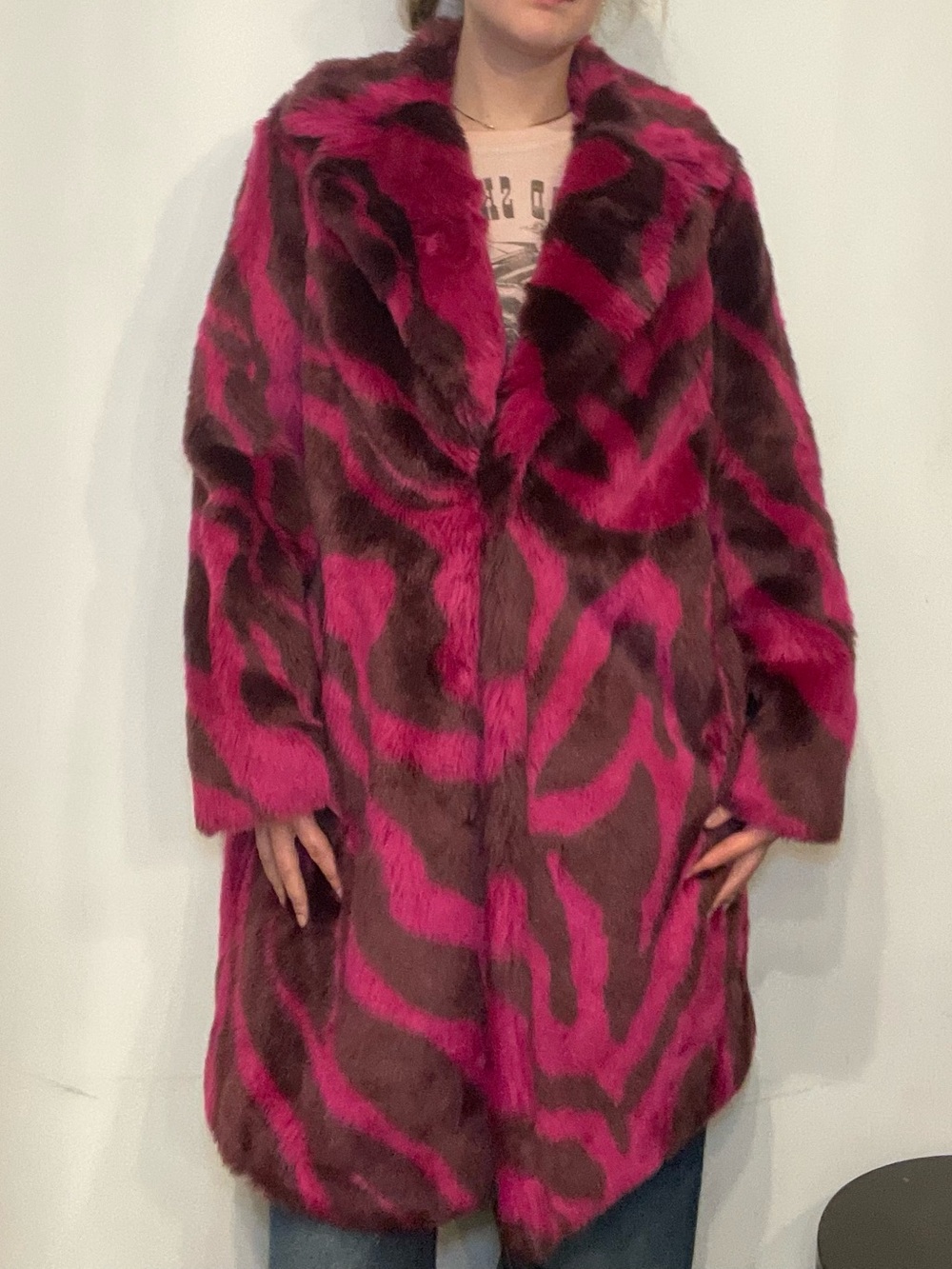 Trina Turk Pink and Brown Faux Fur Pea Coat
